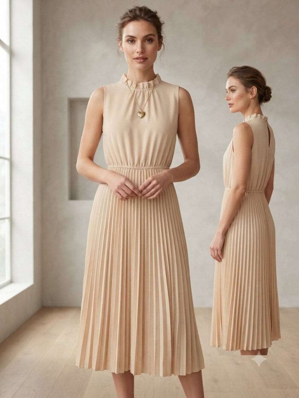 Beige Pleated Midi Dress Sleeveless Ruffle Mock Neck Elastic Waist Size Medium